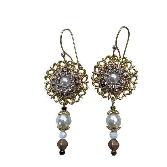 Jewelry - Fashion Earrings Goldtone Dangle Pierced Beaded Crystal